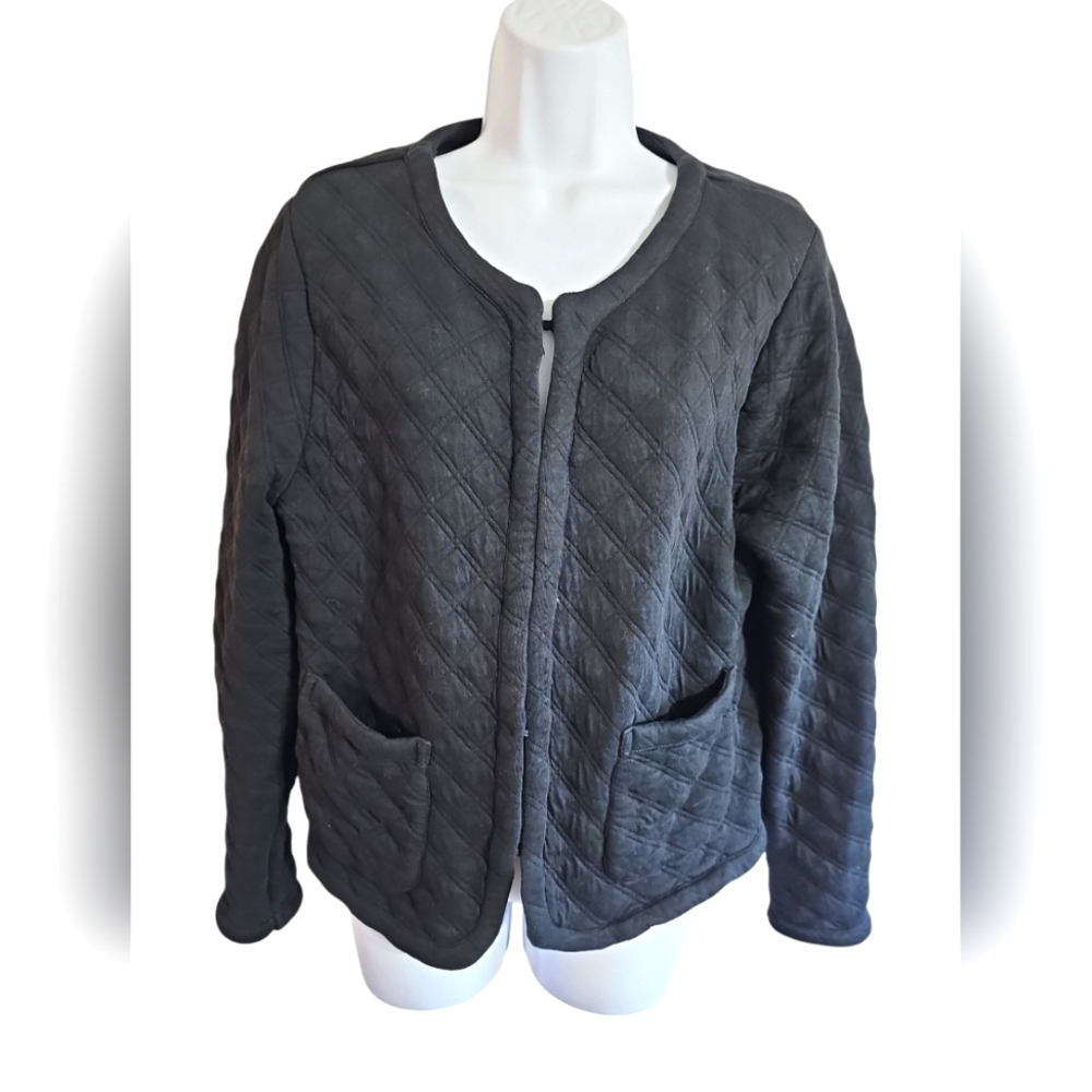 J.Crew Women Medium Cardigan Jacket Black Quilted Cotton Sweater Investment Rare - Picture 2 of 8